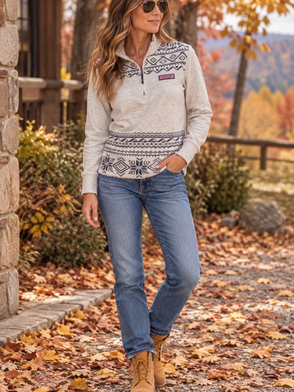 Vineyard Vines Cream and Navy Fair Isle Half-Zip Sweatshirt Size Large
